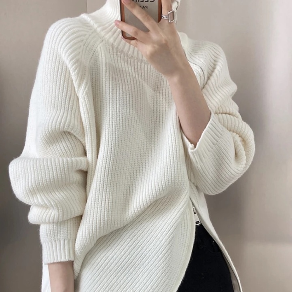 GORGEOUS Chunky Rib Side Zipper Mock Turtleneck Warm Pullover Cream Sweater - Picture 5 of 8